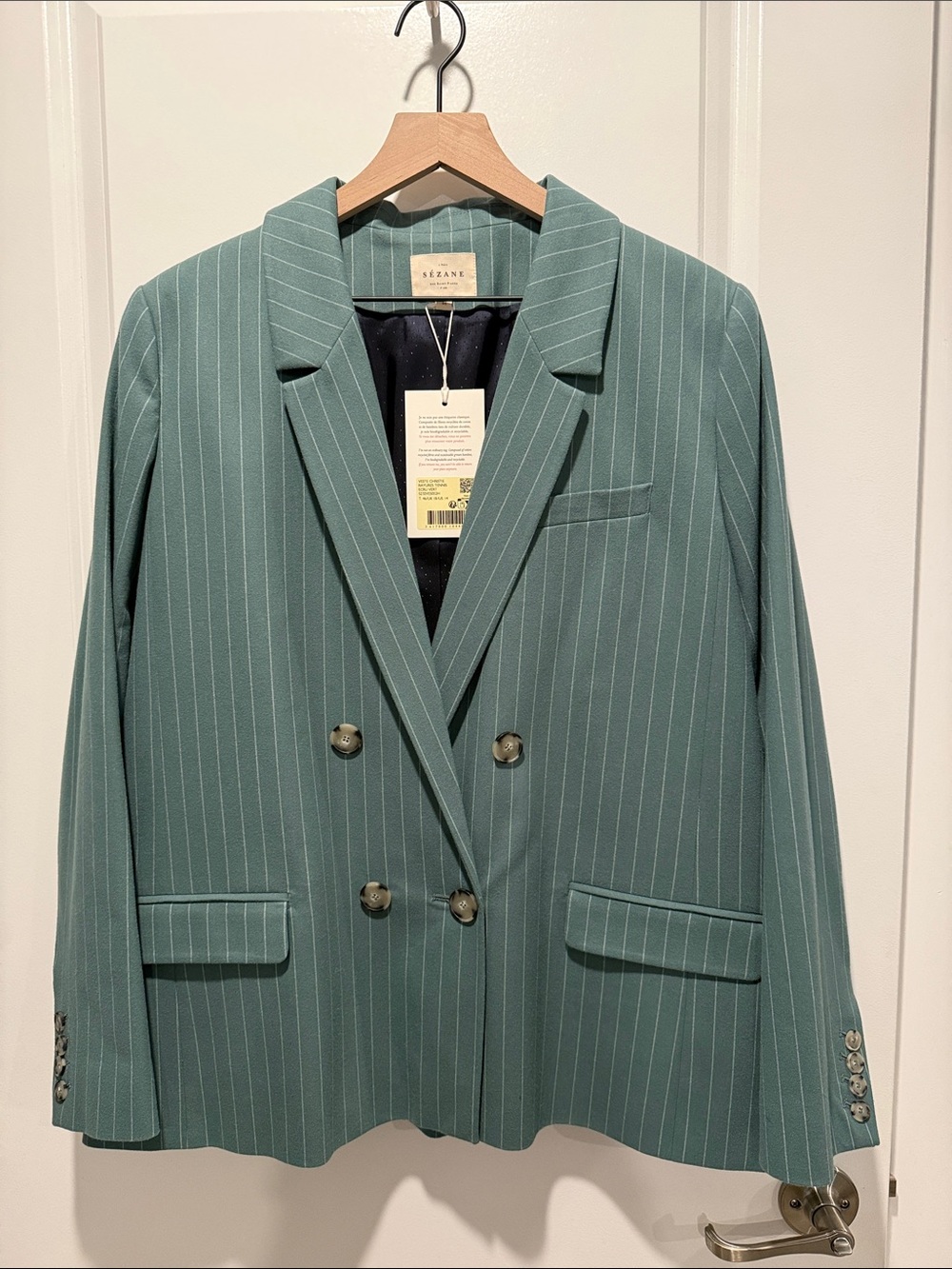 Sezane Christie Jacket Green/ecru Fine Stripes - Size 14